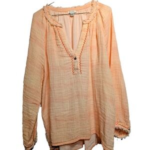 Sundance Blouse Womens XL Peach Orange Long Sleeve Cotton Boho Peasant Top India
